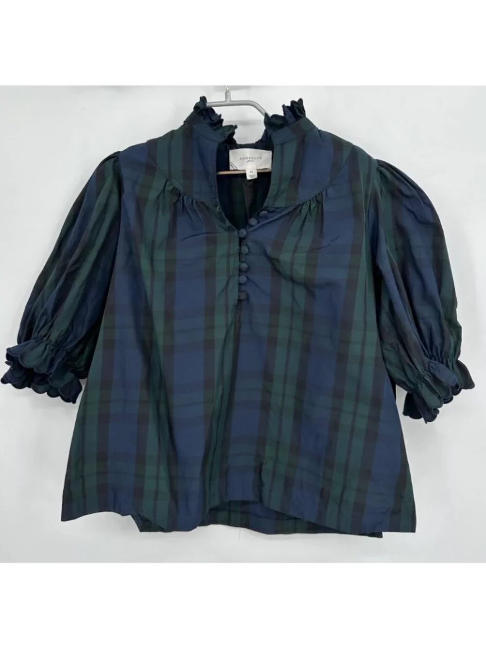 Pomander Place by Tuckernuck Blackwatch Plaid Selena Blouse sz M Puff Sleeve